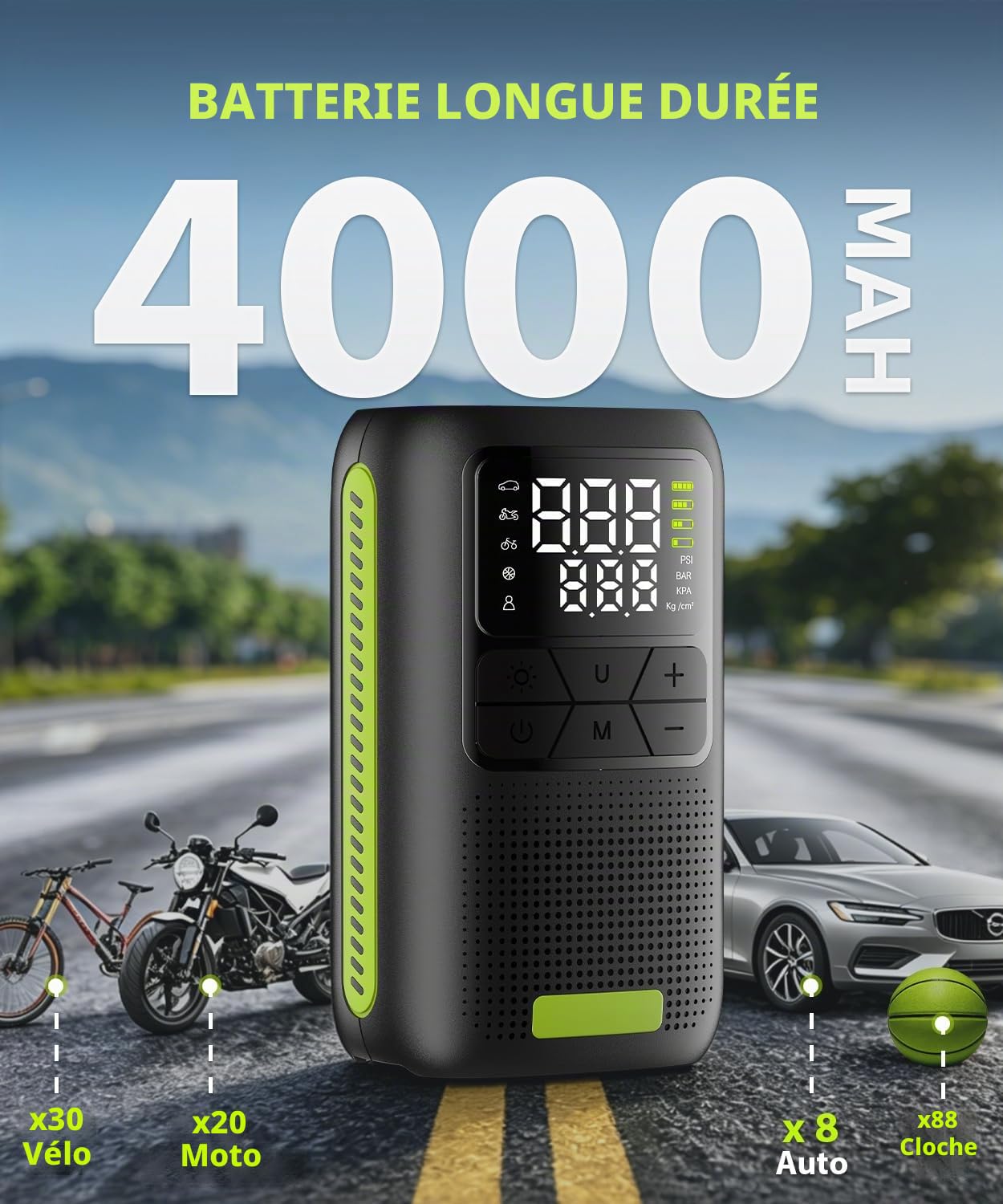 Compresseur d'air Portable sans Fil 150 PSI, gonflage Rapide avec Cylindre 19 mm. | USB-C, arrêt automatique, éclairage LED. Compatible pneus voiture, moto, vélo et ballons de sport.