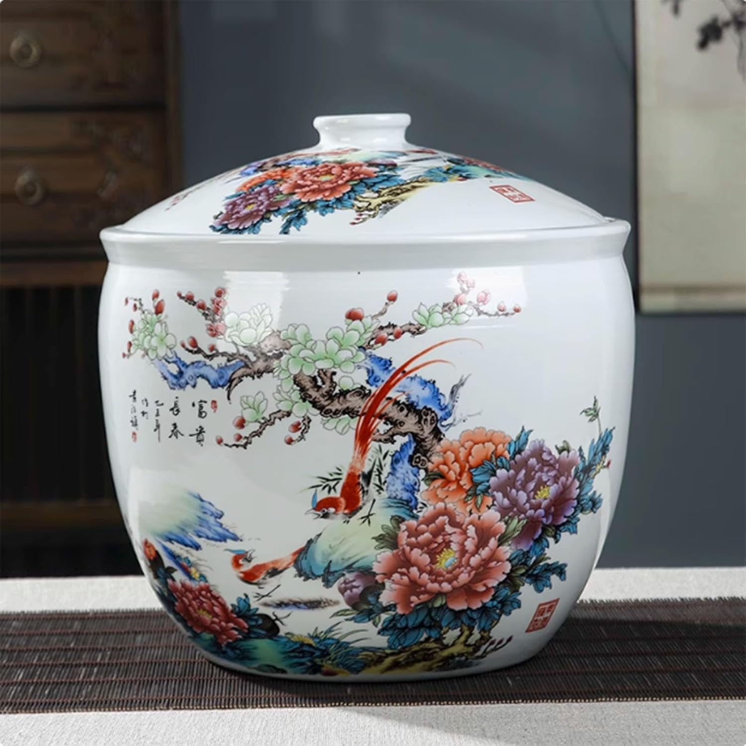 MESCXTY Ceramic Rice Jar with Lid, Household Bucket, Grain Dispenser Food Storage Jar, Container(I,10KG)