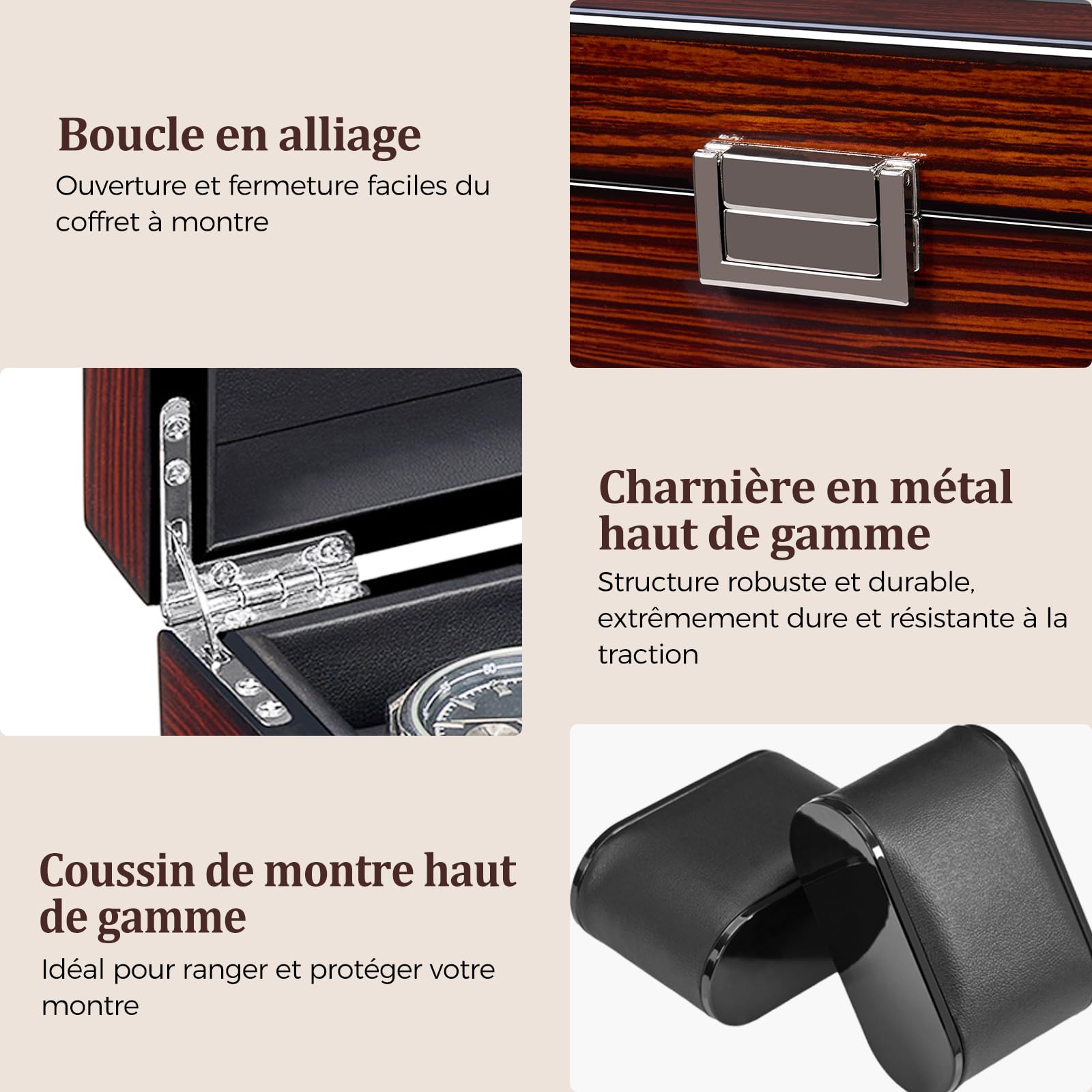 Bewishome Boîte à montres Haut de Gamme, Boîtier en Bois à 6 Emplacements, Grand Couvercle en Verre, Organisateur de Montres Luxe pour Homme