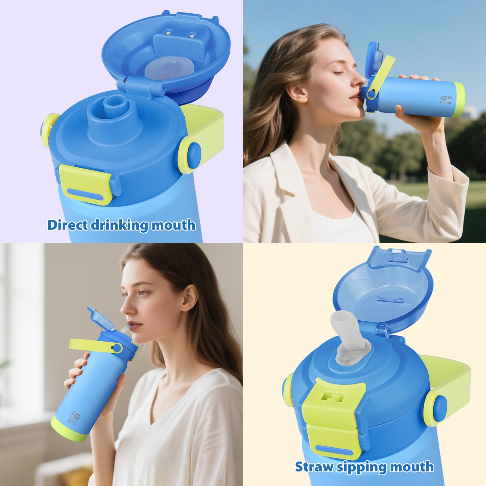 BOGI Metall-Wasserflasche mit Strohhalm, 720 ml, Edelstahl-Wasserflasche für Sport, Reisen, Fitnessstudio, auslaufsicher, isolierte Wasserflasche mit 2-in-1-Duo-Deckel, für Jungen und Mädchen, 2
