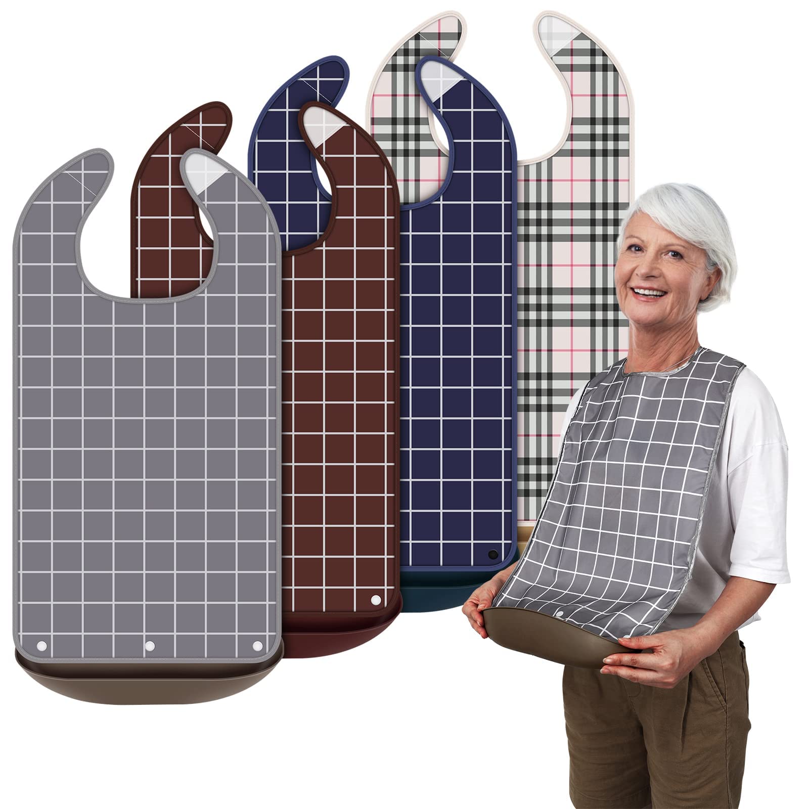 MAKINGTEC 4 Pcs Adult Bib for Eating Washable Waterproof Clothing Protector with Crumb Catcher Reusable Large Bibs for Men Elderly Women Senior, Assorted Plaid Patterns