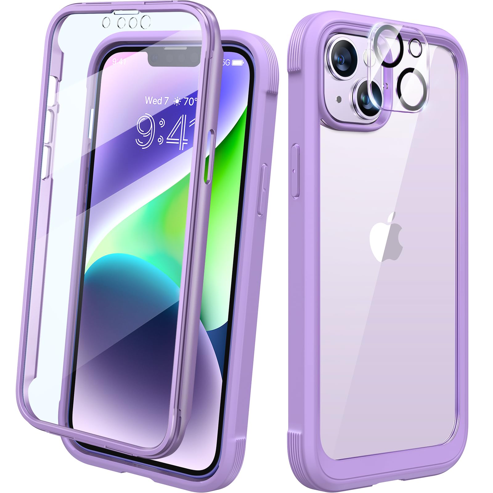 Diaclara iPhone14 用 ケース 6.1インチ バンパーケース 画面保護フイルム付き 背面クリア PC+TPU 全面保護 ワイヤレス充電対応 紫