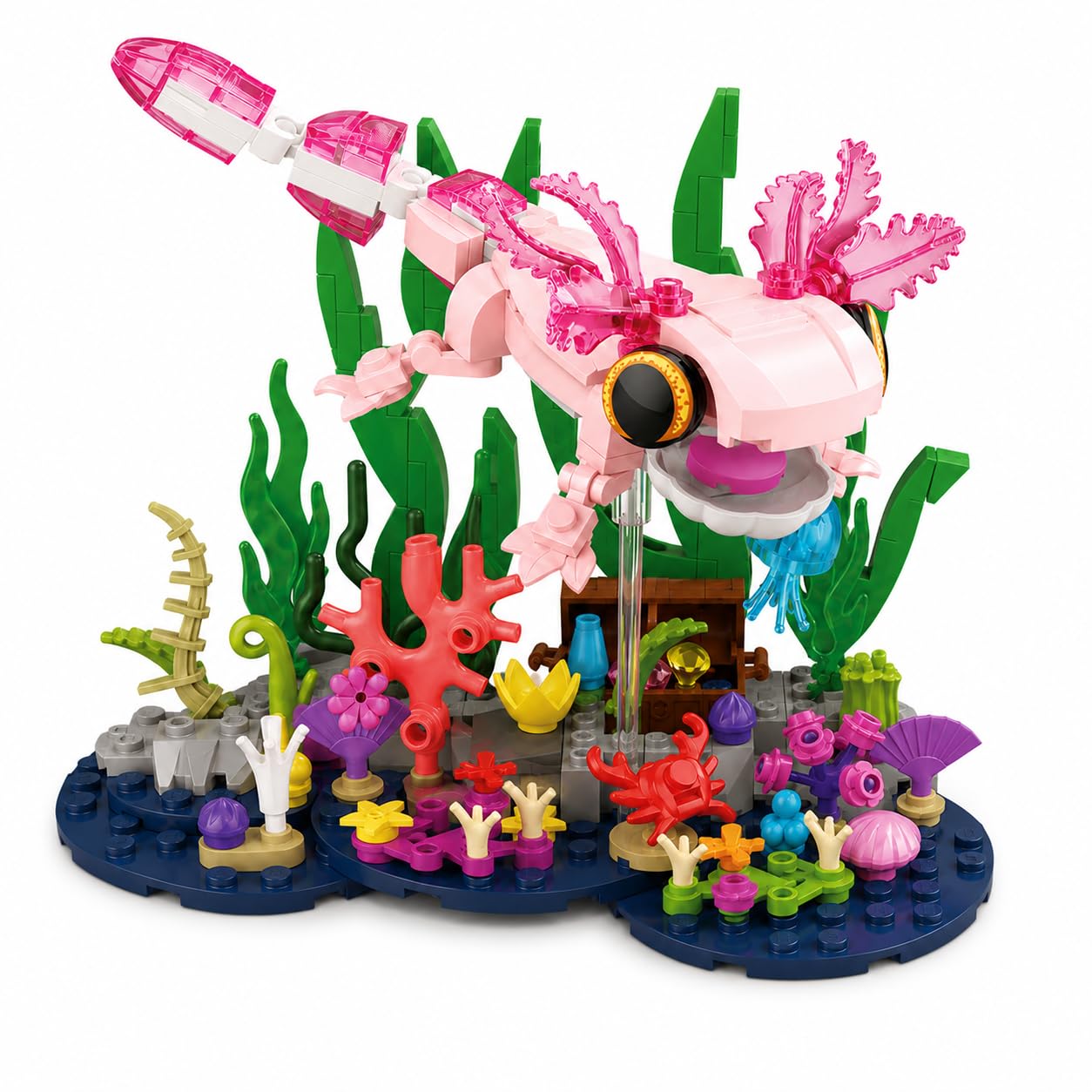 Axolotl Giocattolo da costruzione, carino rosa Axolotl subacqueo acquario | Con Axolotl mobile, scrigno nascosto, scena corallo, idea regalo per compleanno Natale