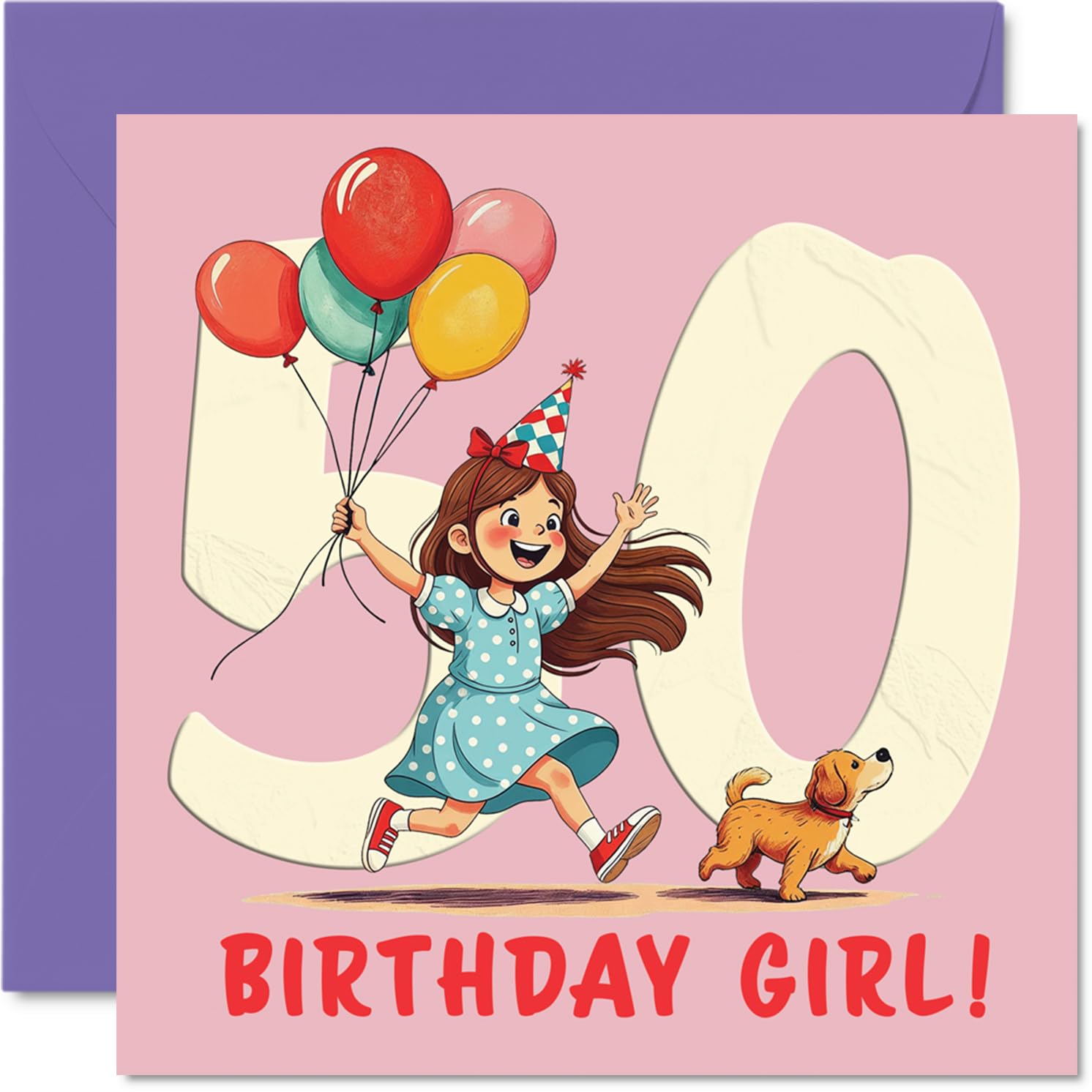 50th Birthday Cards for Women - Balloon Girl - Happy Birthday Card for 50 Year Old Woman Friend Auntie Nan Cousin, 145mm Bday Greeting Cards