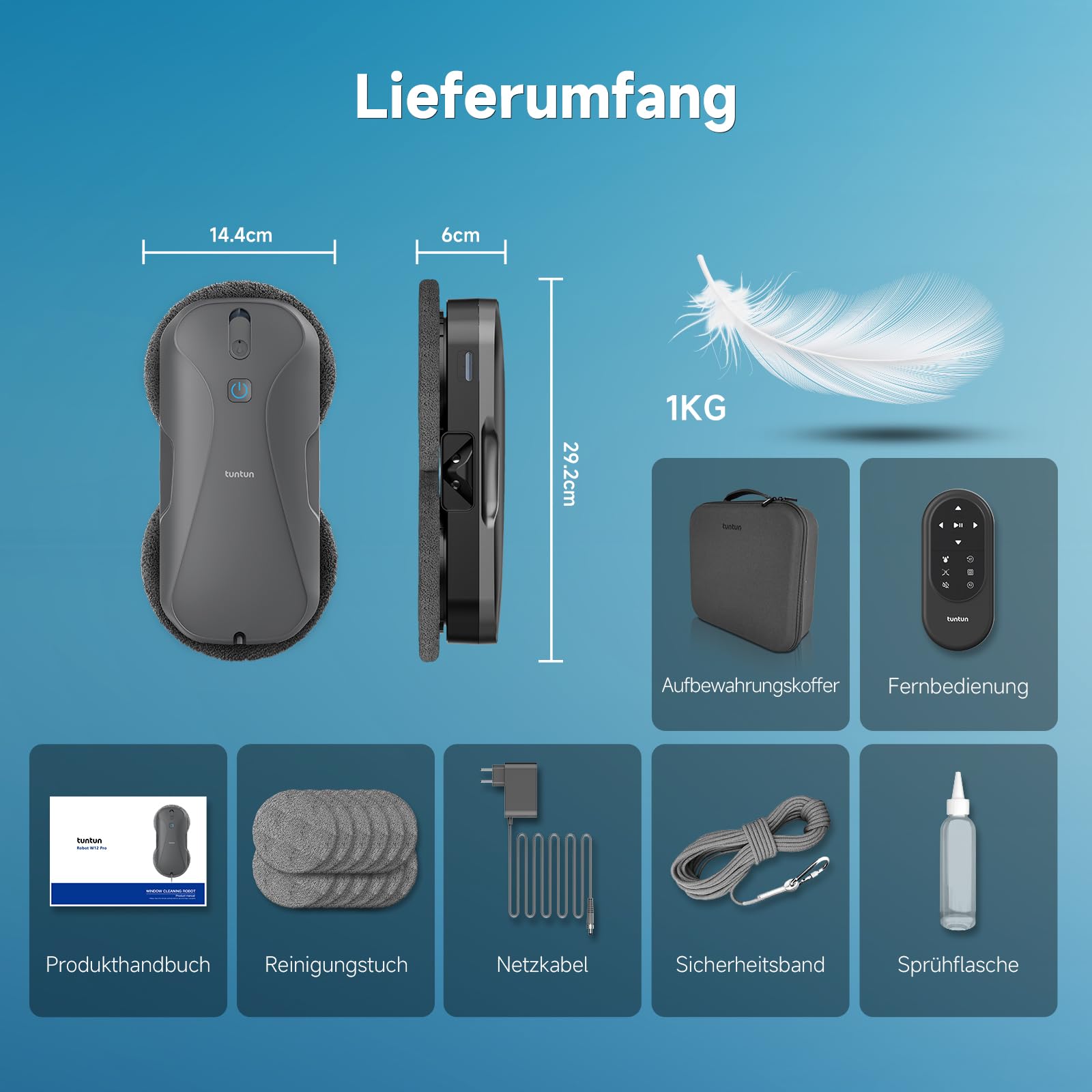 tuntun W12pro Fensterputzroboter,4-Wege-Doppeldüsensystem,5300Pa Elektrischer Fensterputzer,Intelligente Wegplanung,Integrierte Aufbewahrungsbox,Für Glatte Oberflächen geeignet
