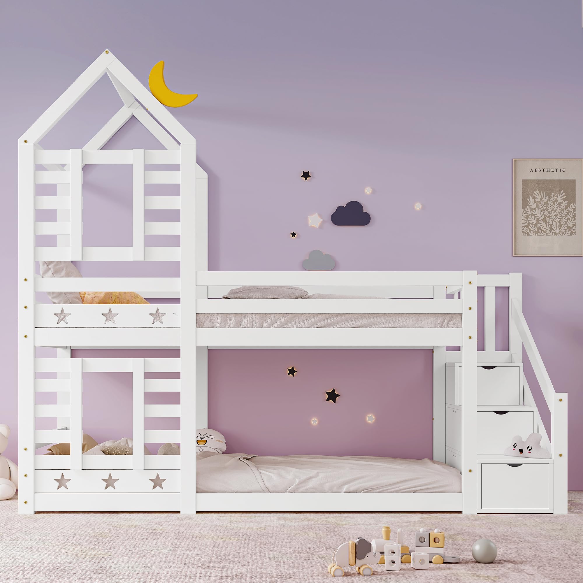 Classic Twin Over Full Bunk Bed With Staircase, image size:2000x2000