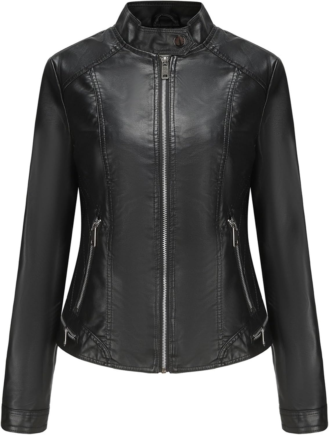 Women's Vintage Stand Collar Coat Faux Leather Slim Fit Motorcycle Coat Jacket Zip Up Casual Outdoor Coats