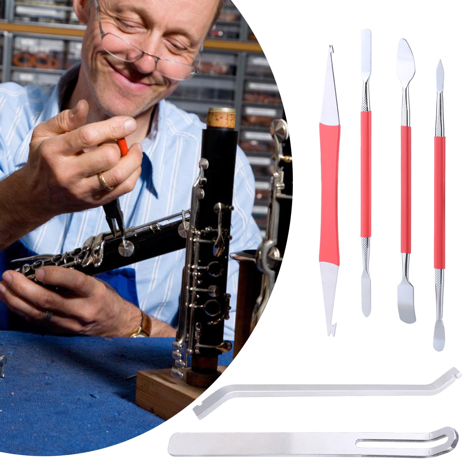 Holzblasinstrument Reparaturwerkzeug-Set for Holzblasinstrumente mit Federhaken, Tonpolster, Tastenabdeckungen, Schutzpinzette for Saxophon, Klarinette, Oboe, Flöte