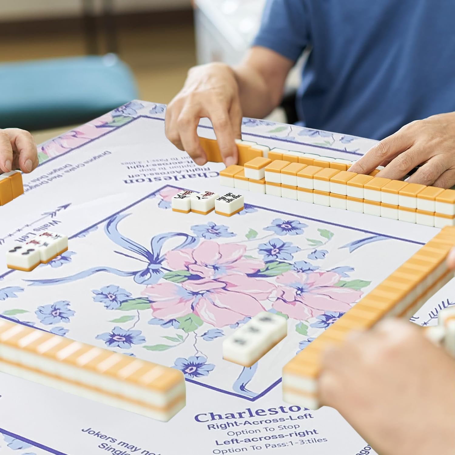 SHIYUE Chinoiserie Mahjong Tablecloth Mats Floral Card Table Cloth 55" x 55" Square Game Instructions for Beginner, Card, Board Tile Games Gift (Blue Pink Flowers)