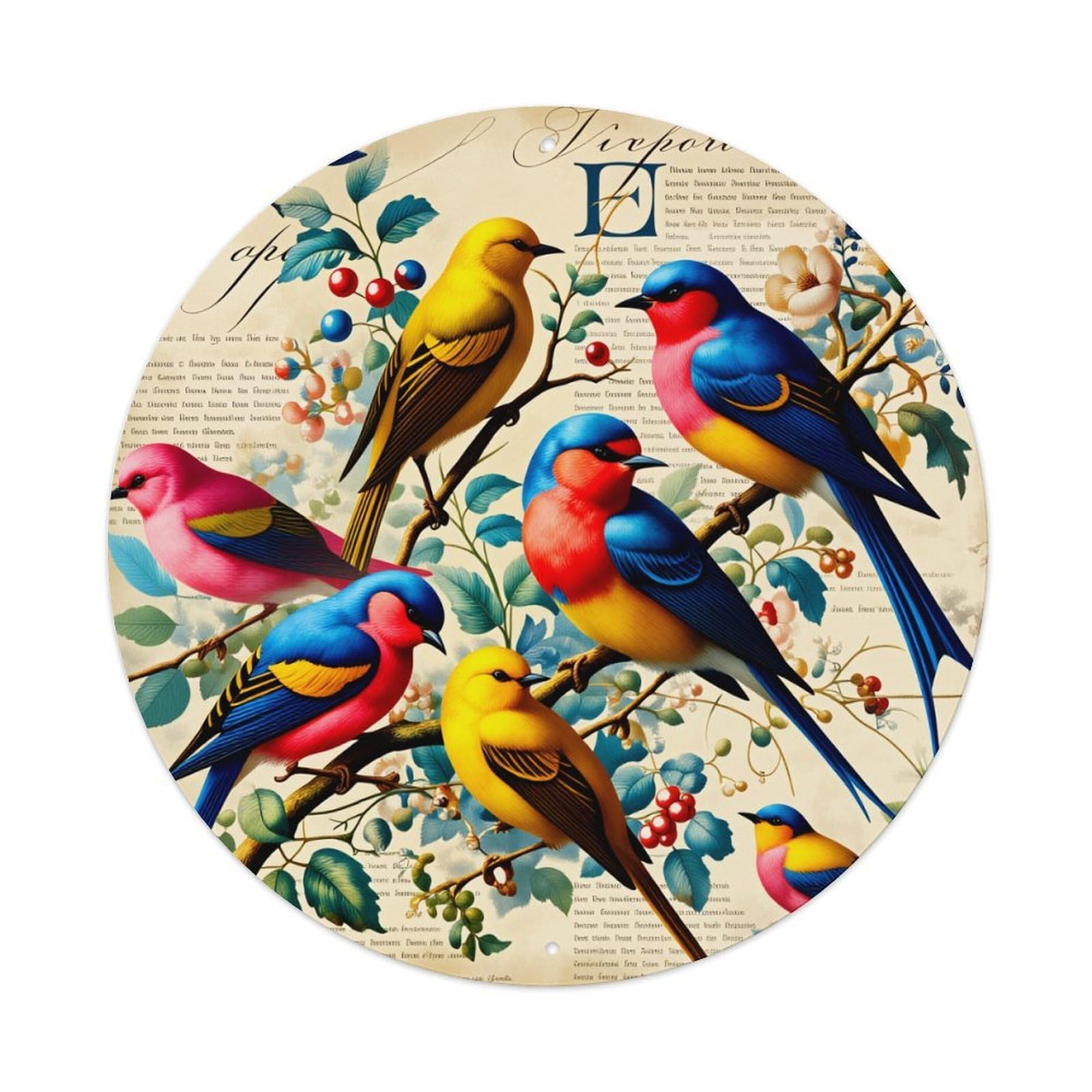 Colorful Birds Floral Branches Vintage Background Round Tin Sign Vintage Metal Poster Retro Bar, Home, Man Cave, Kitchen, Laundry Room Wall Art Decor Gift 8x8Inch