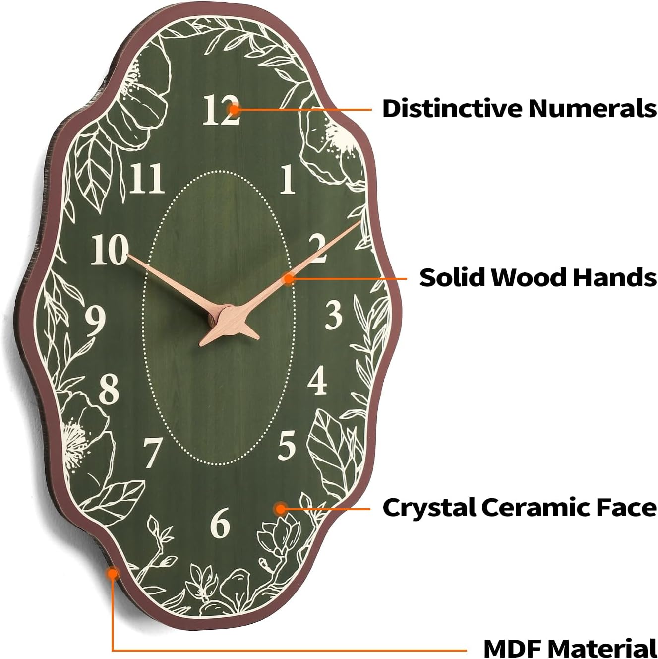 14 x 9 Inch Mid Century Retro Irregular Shape Wall Clock, Silent Non-Ticking Battery Operated, Vintage Boho Green Art Clock for Living Room, Bedroom, Entryway, Mantel Decor
