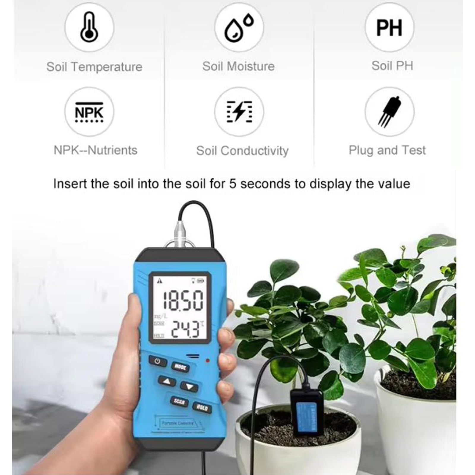 Probador digital de suelo 7 en 1, NPK, pH, humedad, medidor EC para un crecimiento óptimo de plantas, césped, granja, plantas de interior/exterior
