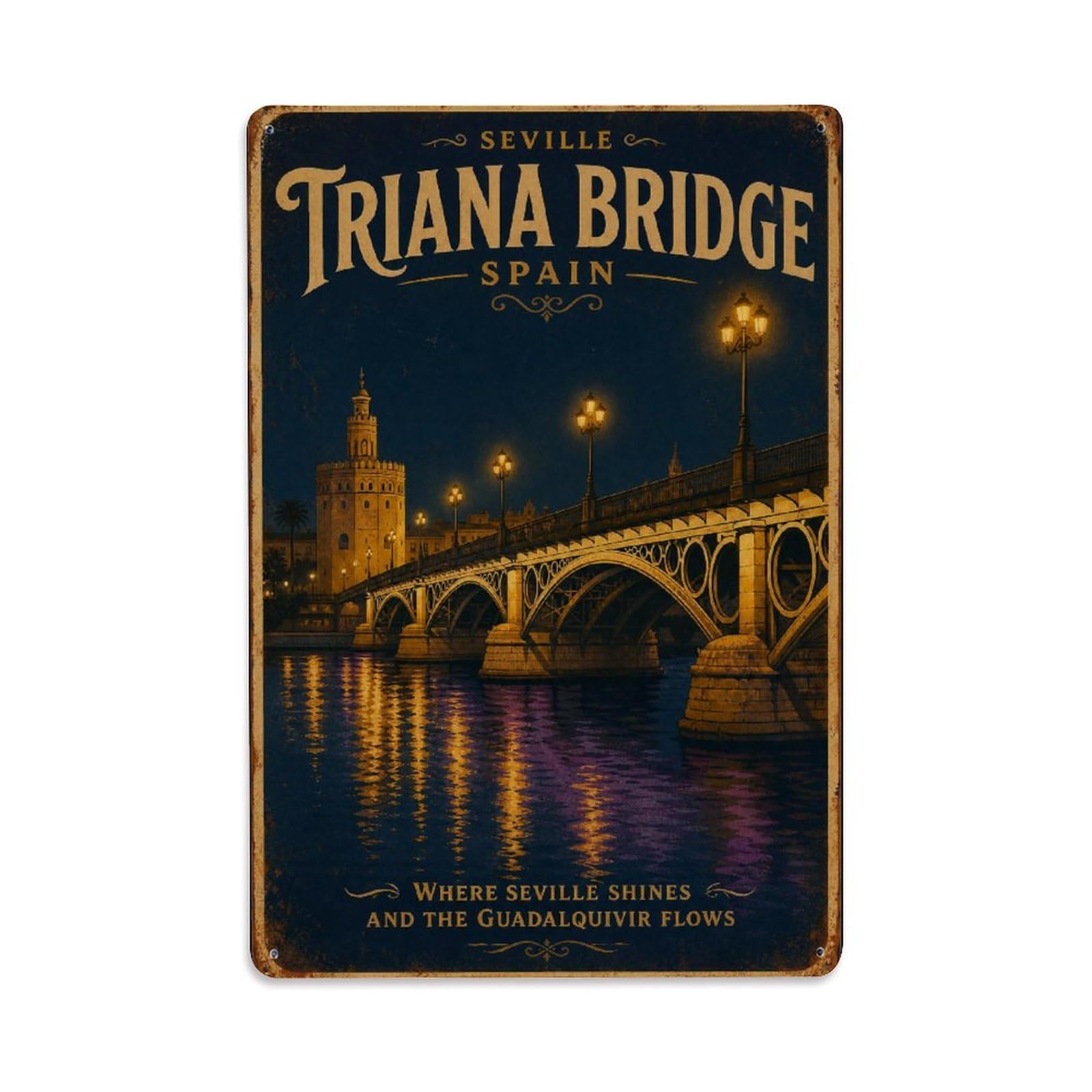 Yrnq 08X12inch Vintage Style Vintage Triana Bridge Night Lights Reflections Water Spain Metal Tin Sign