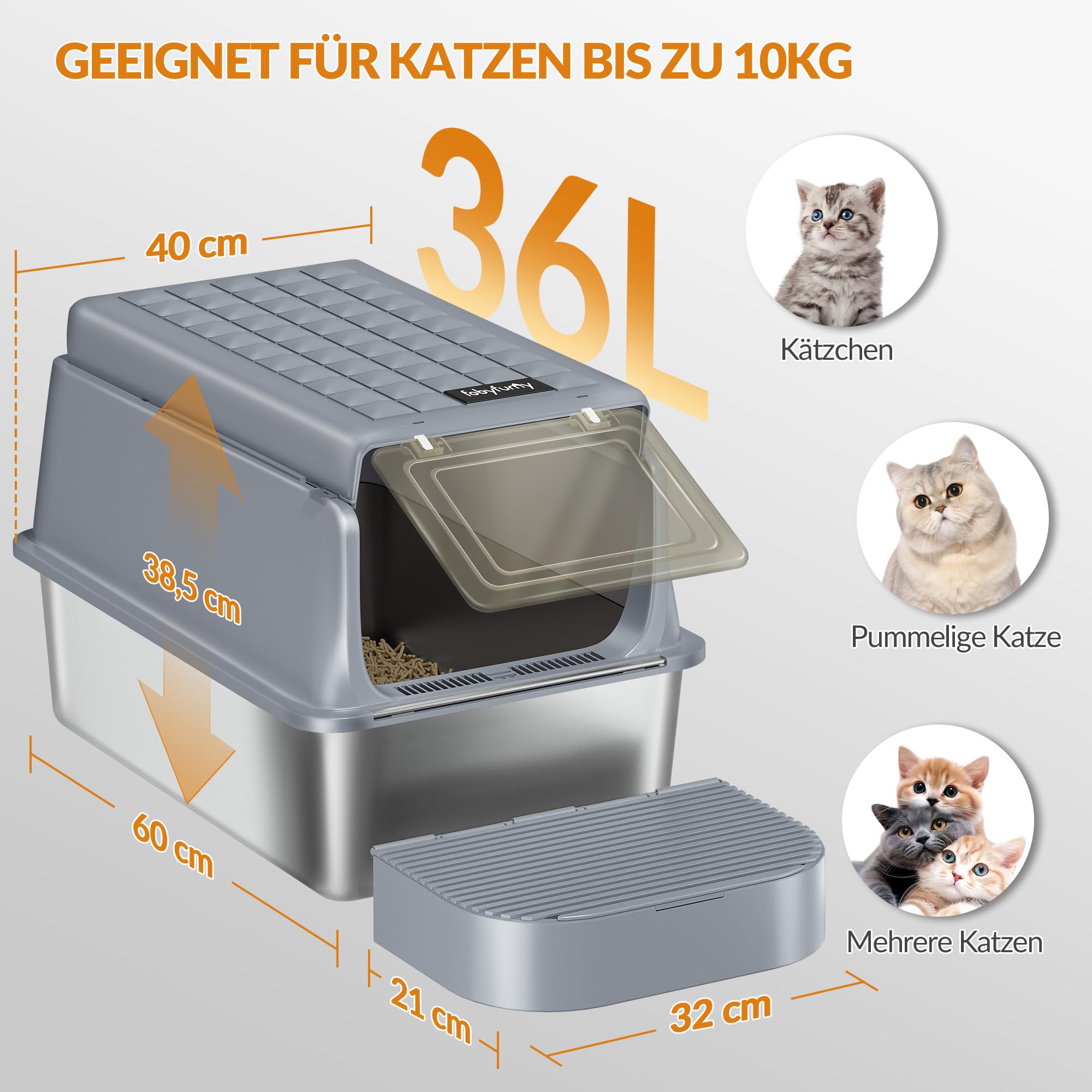 Edelstahl-Katzenklo mit Deckel, XXL Geschlossene Metall-Katzenklo, Katzentoiletten mit Schaufel und Fußstufe, Herausnehmbar, 120° Klappdeckel, Leicht zu Reinigen, Dunkelgrau, FPLB001SG2