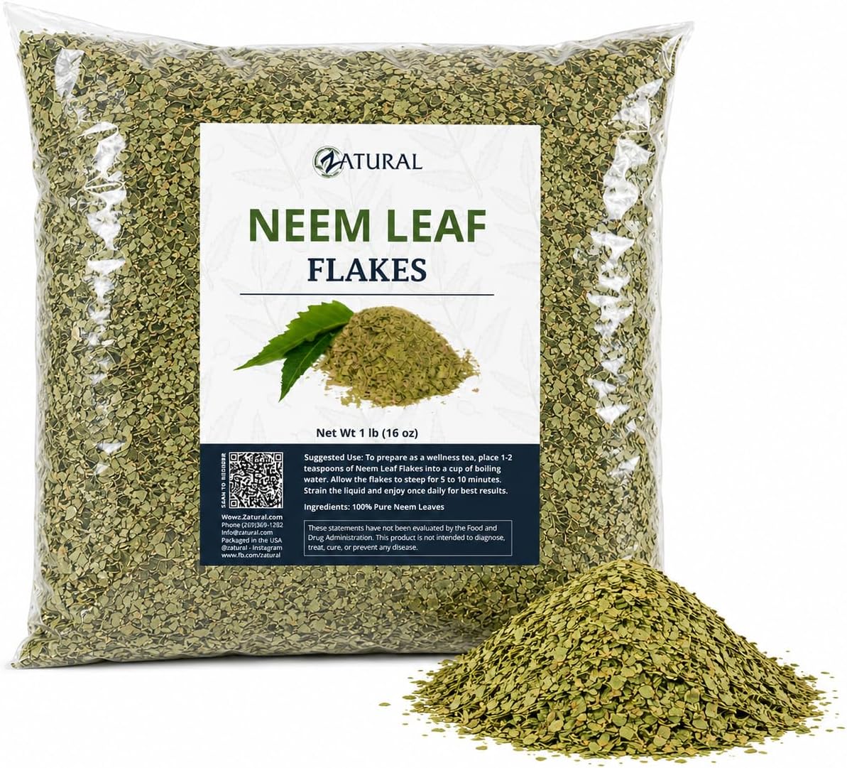 Zatural Pure Neem Leaf Flakes (1 lb) – 100% Natural & Shade-Dried – Raw Neem Leaves for DIY Skincare, Hair Care, and Gardening