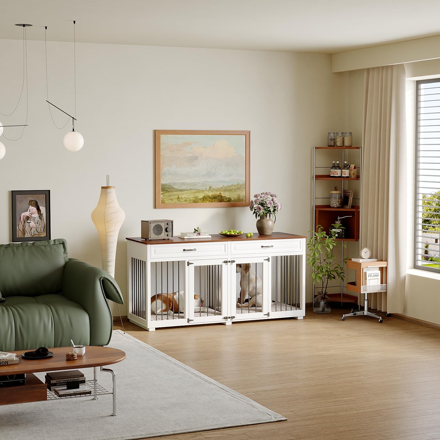 Hundekäfig Schrank XXL, Hundekäfig mit 2 Schubladen und 2 Türen, Hundebox für Zuhause Große/Mittlere Hunde,Beistelltisch, Hundehütte Indoor, Hundehaus für Zuhause, Weiß, 164 x 60 x 80 cm, Eisen