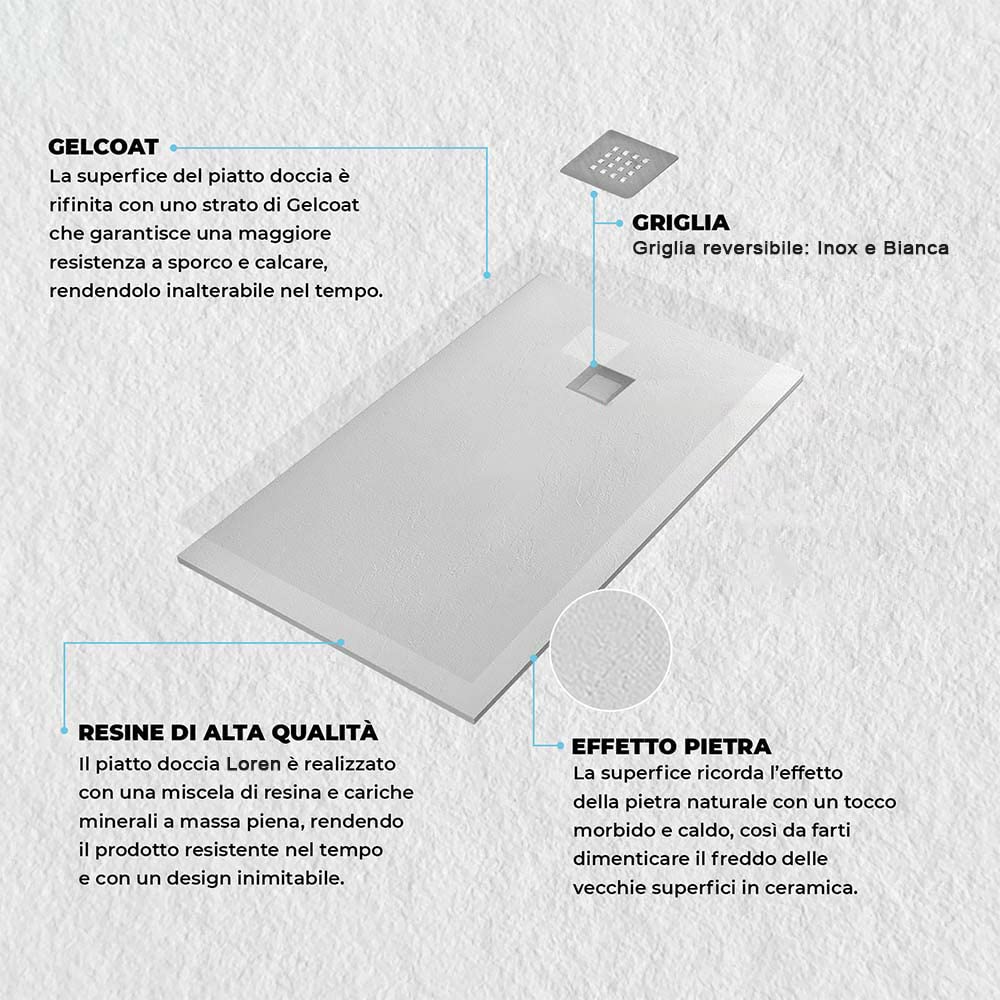 Inbagno Piatto Doccia semicircolare Sinistro 70x90 in Resina Bianco Effetto Pietra, Ultra Slim e Antibatterico, riducibile su Misura, griglia di Scarico Reversibile, Loren