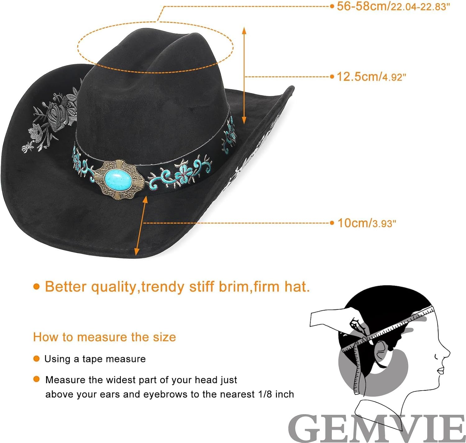 GEMVIE Turquoise Western Cowboy Hat for Men Women Big Brim Suede Cowgirl Hat Brown Embroidery with Chin Strap - Image 4