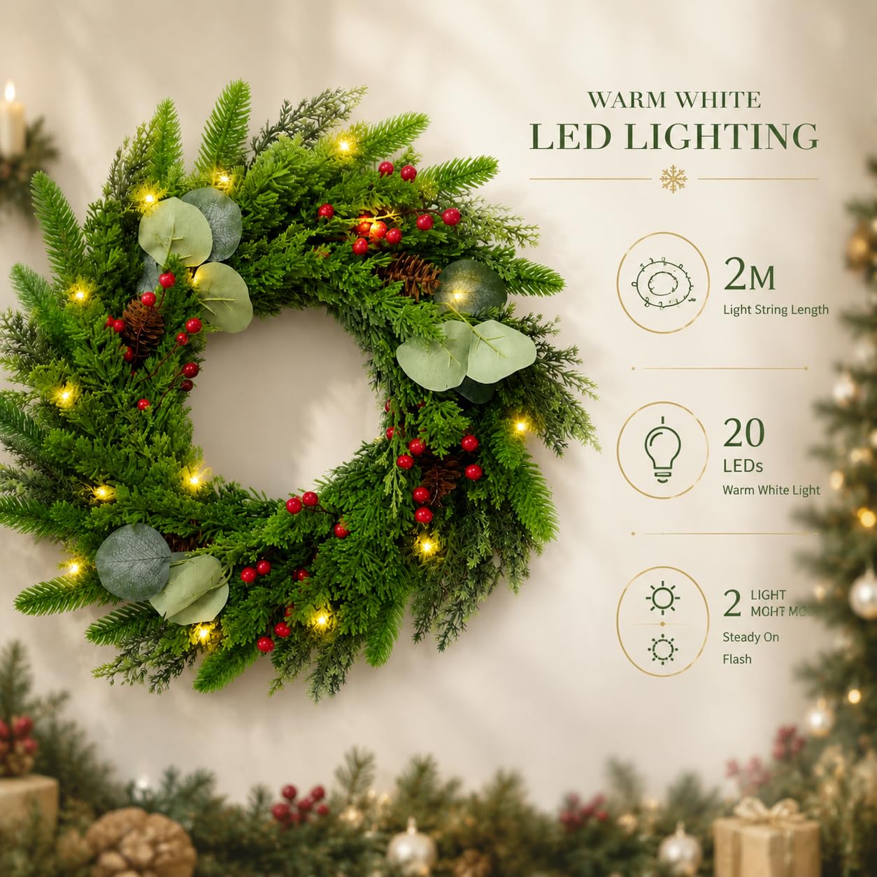 Corona de Navidad artificial preiluminada de pino invernal de 24 pulgadas, decoración navideña con piñas, bayas rojas, 20 luces LED transparentes, 113 puntas, temporizador, verde