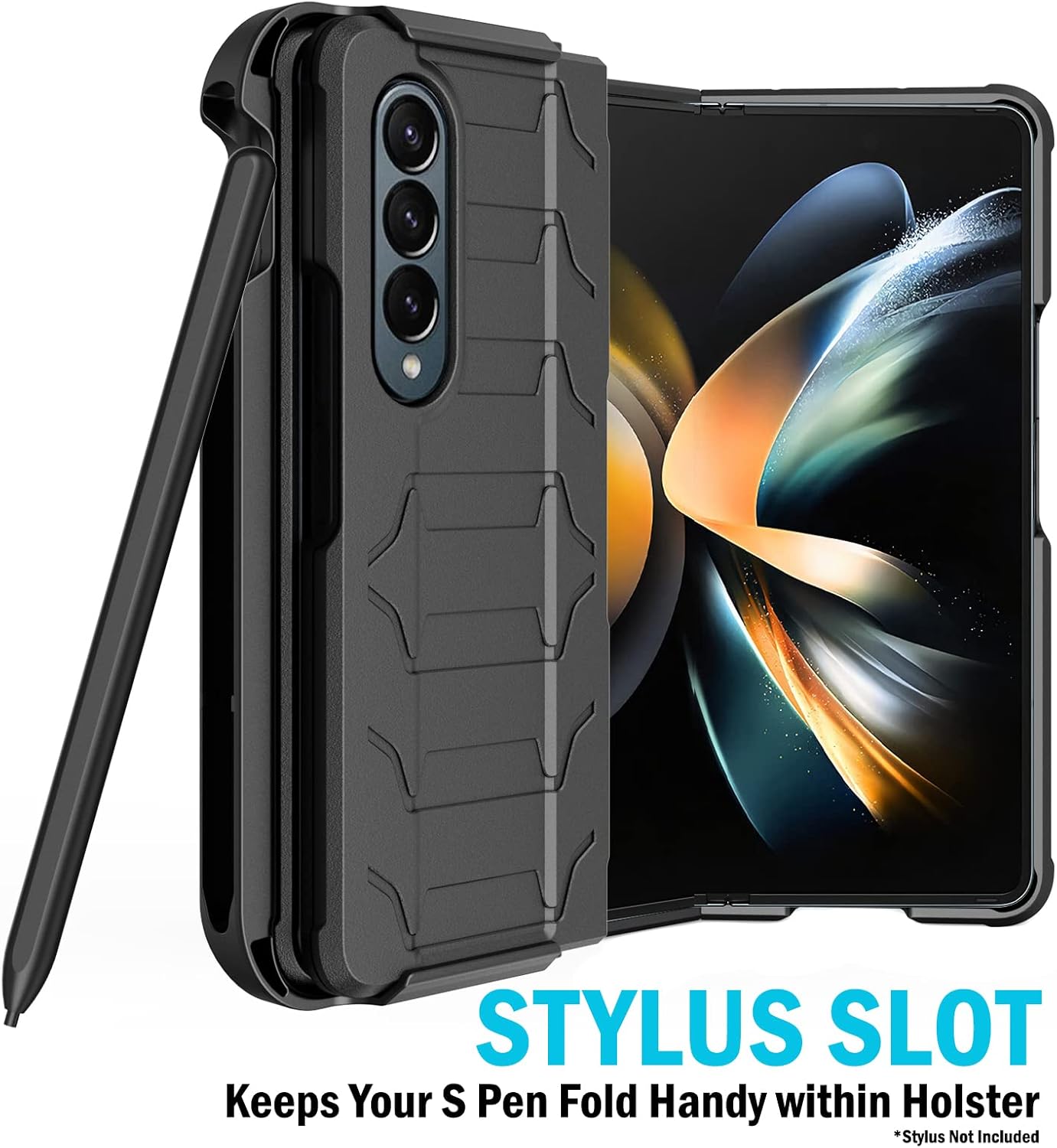 Nakedcellphone Case with Clip and S Pen Slot for Galaxy Z Fold 4 5G, Tactical Cover and Custom Belt Hip Holster Holder View Stand Combo for Samsung Z Fold4 Phone (SM-F936U, 2022) - Matte Black