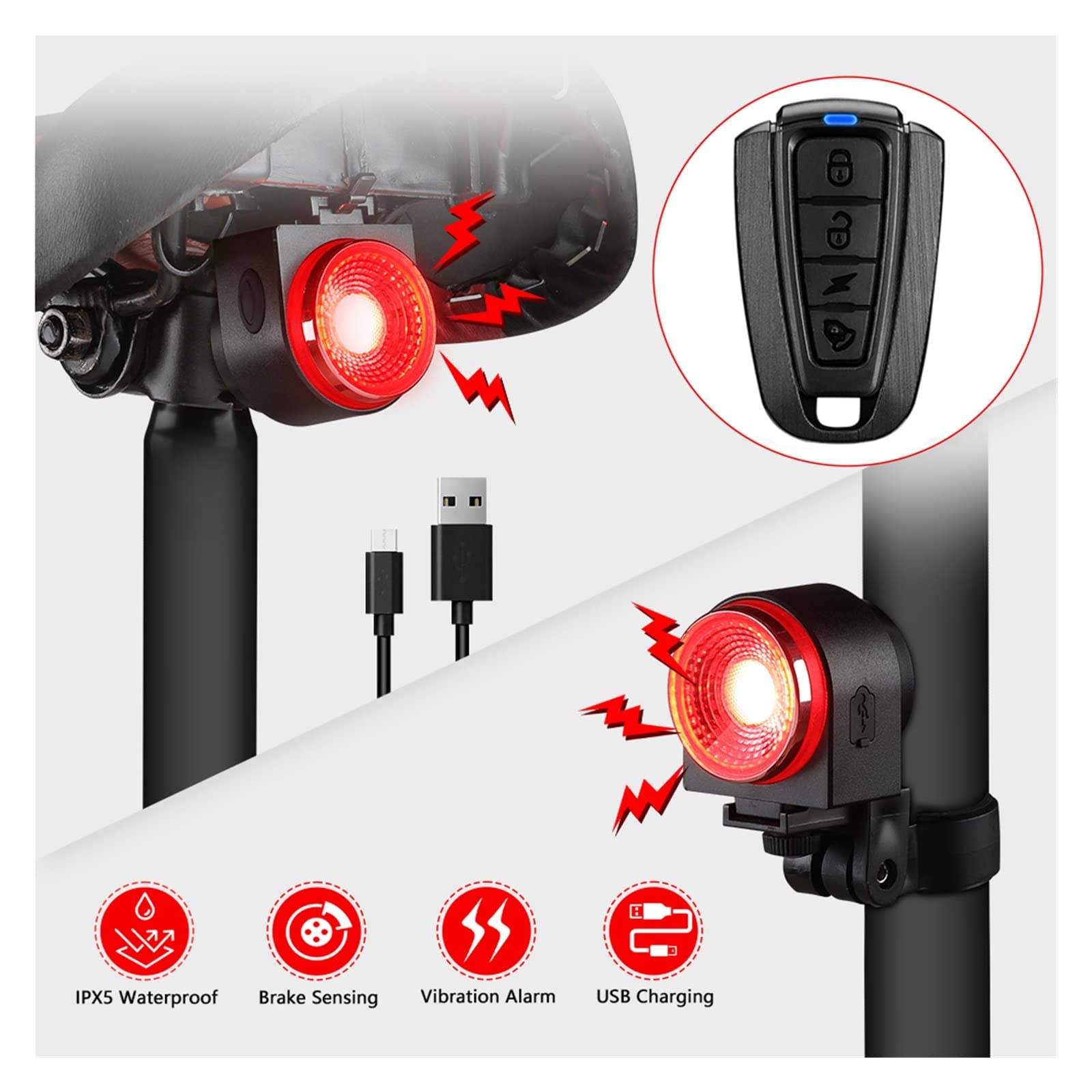 System alarmowy do domu, System alarmowy do domu, 2 w 1 światło tylne roweru alarm rowerowy pilot USB ładowanie włamywacz db IPX5 wodoodporny inteligentny czujnik hamulca do bezpieczeństwa domu i bezp