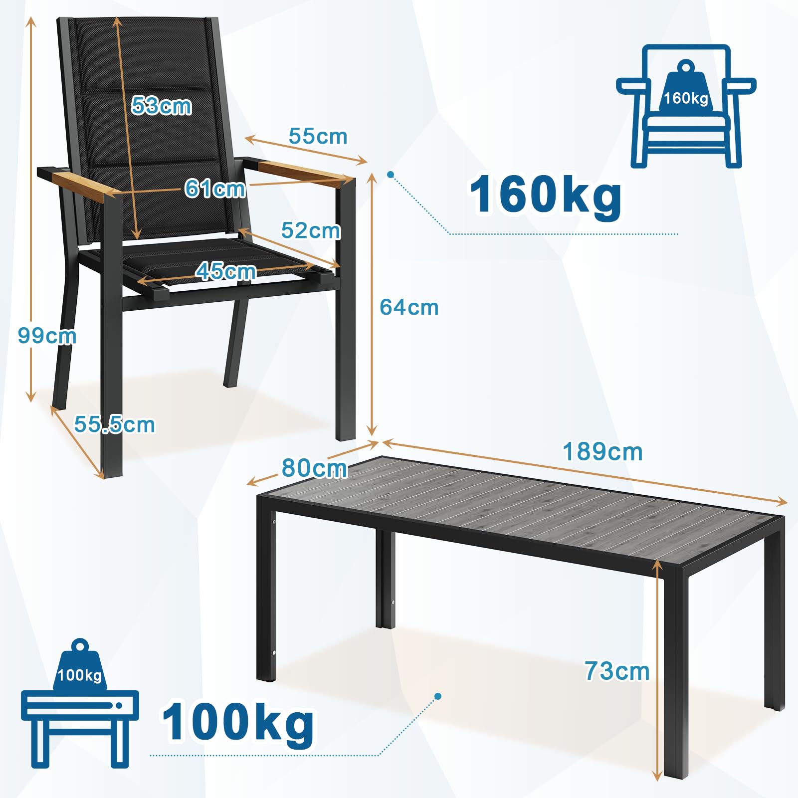 JUMMICO Gartenmöbel Set Terrassen Set Aluminium Gestell mit Holzoptik PS Tischplatte Komfortabler Hochlehner Einfach Montiert,8 Personen Set