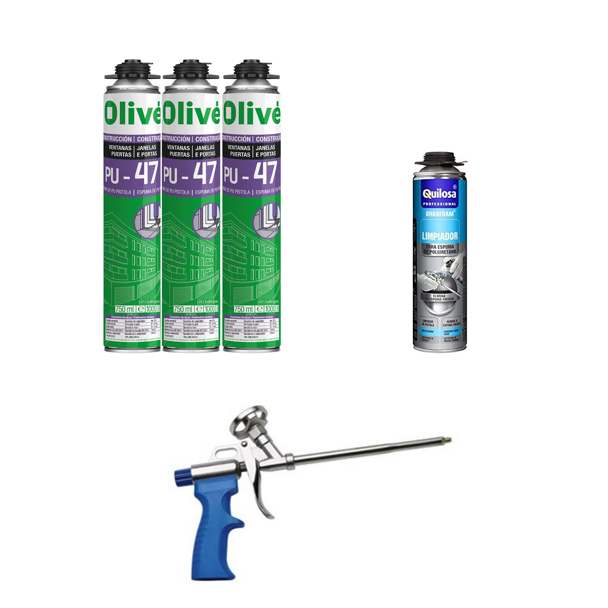 Lote de 3 espumas expansivas de poliuretano 750 ml para pistola + 1 pistola + 1 limpiador