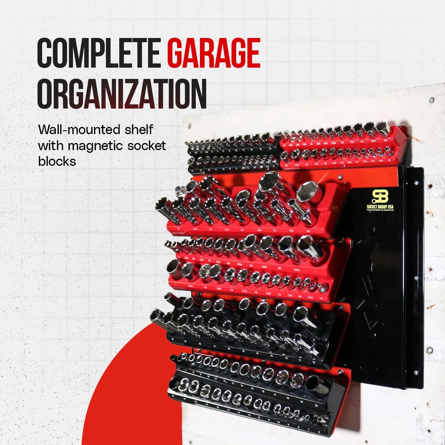 Socket Buddy Magnetic Socket Organizer Wall Mount – Heavy Duty Garage Tool Organizer Shelf with Magnetic Socket Holders – Socket Set Storage Rack for Mechanics, Garage, Workshop Tool Wall