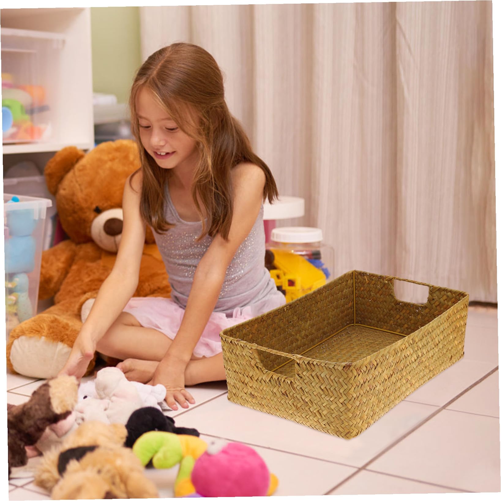 Alipis Cesta Cuadrada Gran Capacidad de Algas Naturales Mimbre Tejida a Mano Organizador Rectangular Portátil para Almacenamiento en Baño y Dormitorio