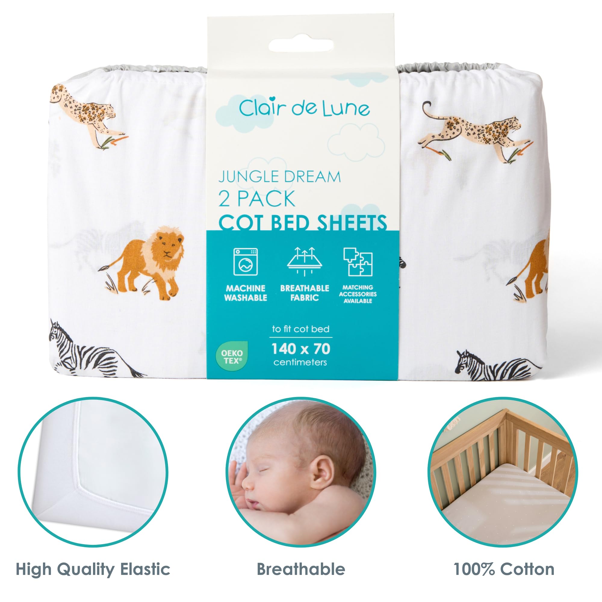 Clair de Lune Jungle Dream 2 Pack Fitted Cot Bed Sheets - 140 x 70 cm - 3