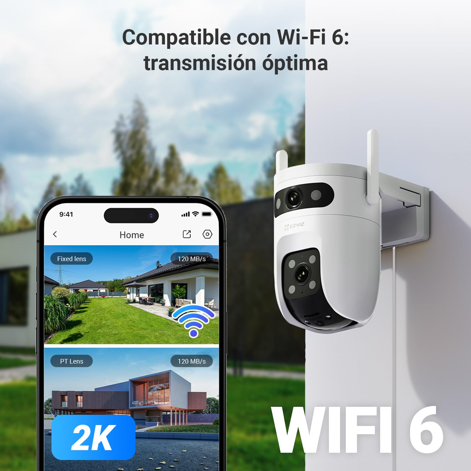 EZVIZ C9C Cámara de Vigilancia Exterior 2K con Doble Lente (3MP+3MP), Cobertura 360°, Visión Nocturna en Color, IA Detección de Personas y Vehículos, Audio Bidireccional, Compatible con Alexa