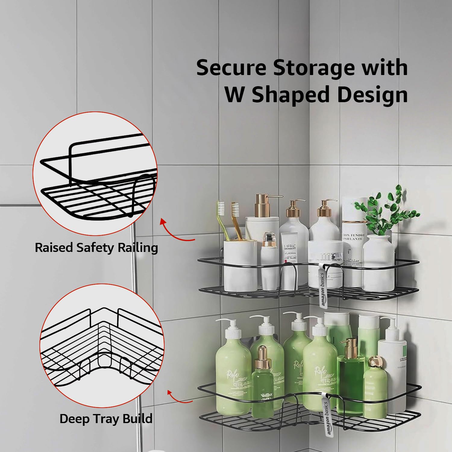 Amazon Basics Modern Wall Mounted Corner Rack for Bathroom | Mild Steel Storage Shelf for Toiletries, Shampoo, Soap & Accessories| Self adhesive | Rust-Resistant, Easy to Clean, Space-Saving Organizer β 27.5 x 27.5 x 6.2 cm, Pack of 2, Black 3