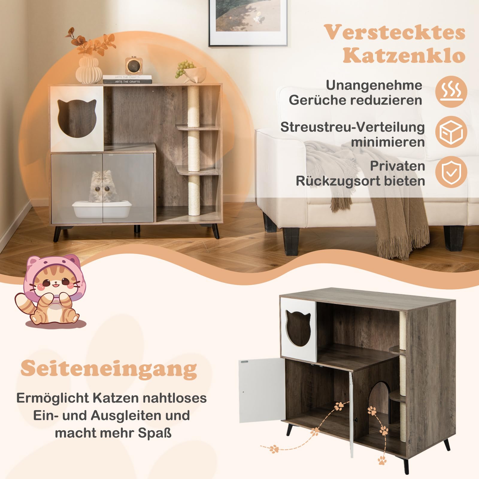 COSTWAY Katzenklo Schrank mit Kratzbaum, Katzenschrank für Katzentoilette mit Katzenhaus, Eingang, 2 Türen, Sisalstamm & Metallbeinen, Katzenmöbel Katzen, 100 x 50,5 x 91 cm, Grau