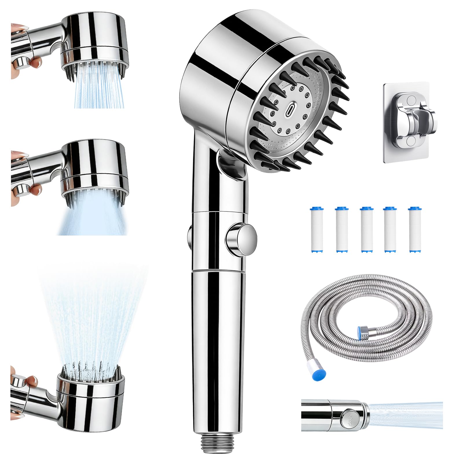 Alcachofa de ducha de alta presión con 6 filtros, alcachofa para ducha, manguera de 2 m, teléfonos de ducha, ducha de ahorro de agua, filtros, soportes y alcachofa de ducha, 4 tipos de chorro — view 10