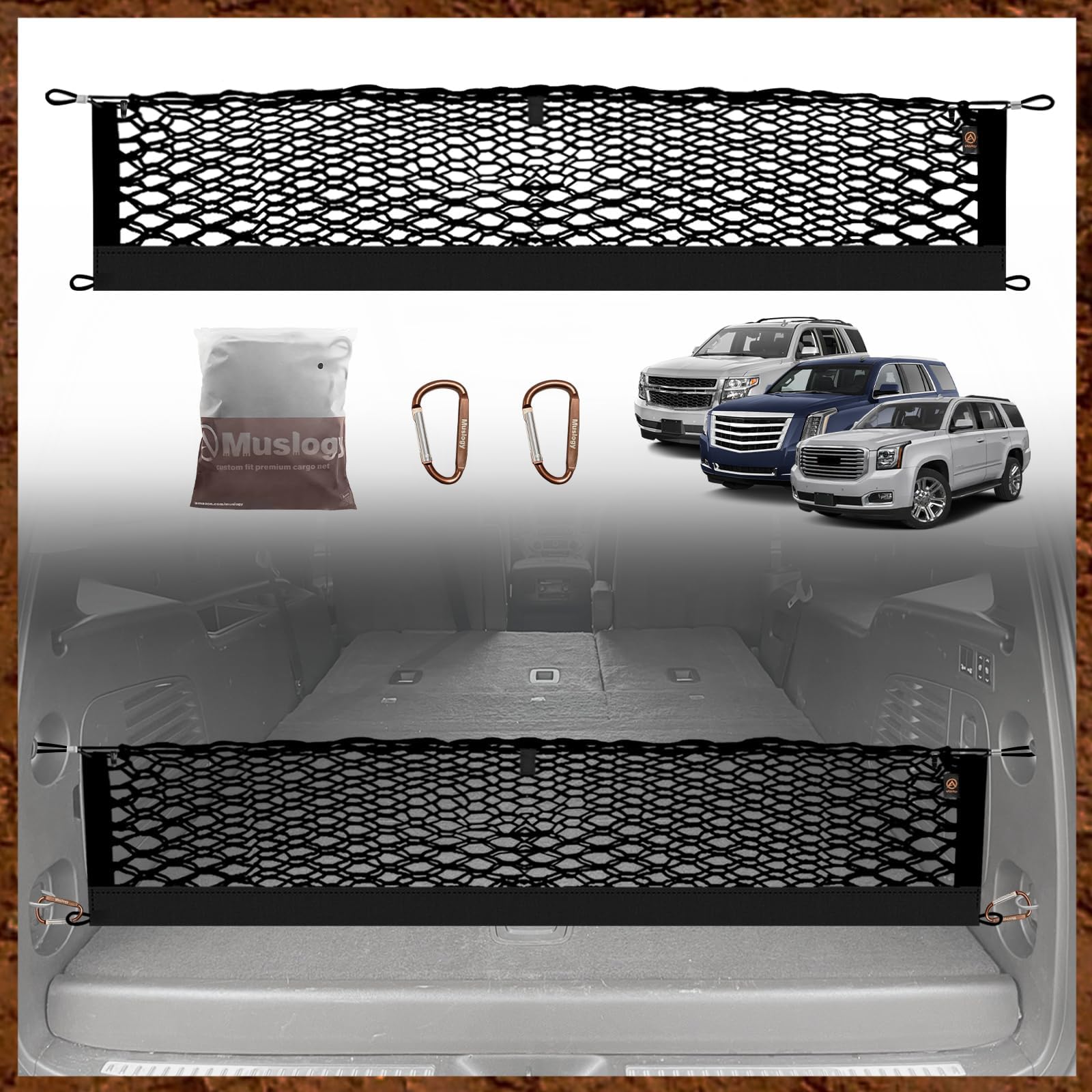 Muslogy Envelope Style Trunk Cargo Net Compatible with 2015-2020 Chevy Tahoe, GMC Yukon, Cadillac Escalade Accessories Upgraded Mesh Storage Luggage Net with Metal Hooks