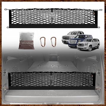 شبكة صندوق الأمتعة Muslogy Truck Bed Cargo Net متوافقة مع شيفروليه تاهو 2015-2020 | جي إم سي يوكون | ملحقات كاديلاك إسكاليد، منظم شحن البيك اب، شبكة تخزين سيارات الدفع الرباعي سيدان مع حلقات تثبيت شديدة التحمل
