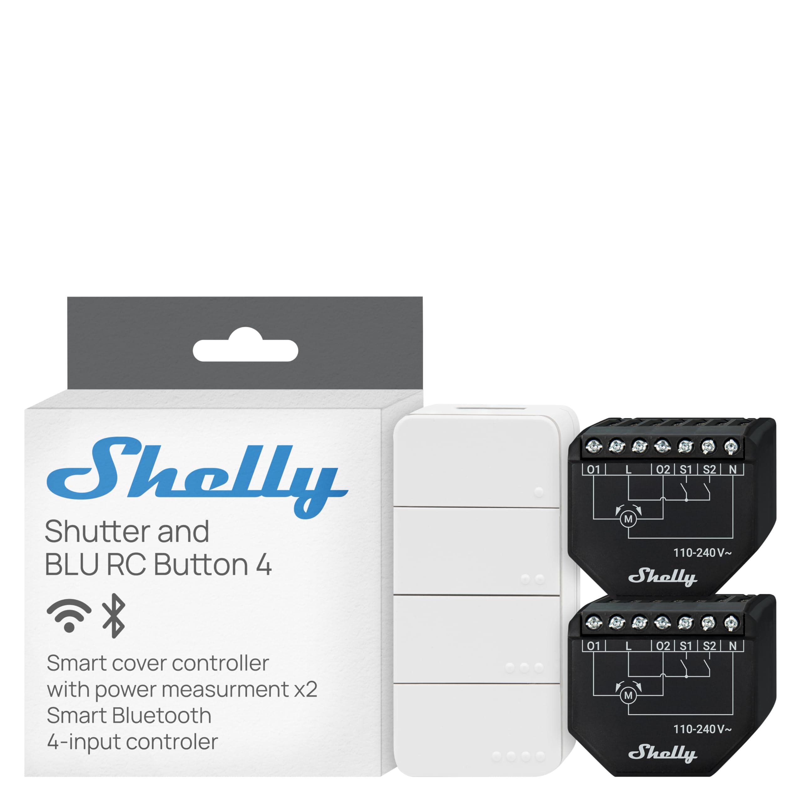 Shelly Shutter x2 & BLU RC Button 4 (Bundle) - Wi-Fi Interruttore a Relè Intelligente, 2 Canali, 4A, Monitora il Consumo di Energia, Tende & Tapparelle, Nessun Hub Richiesto, Alexa e Google Home