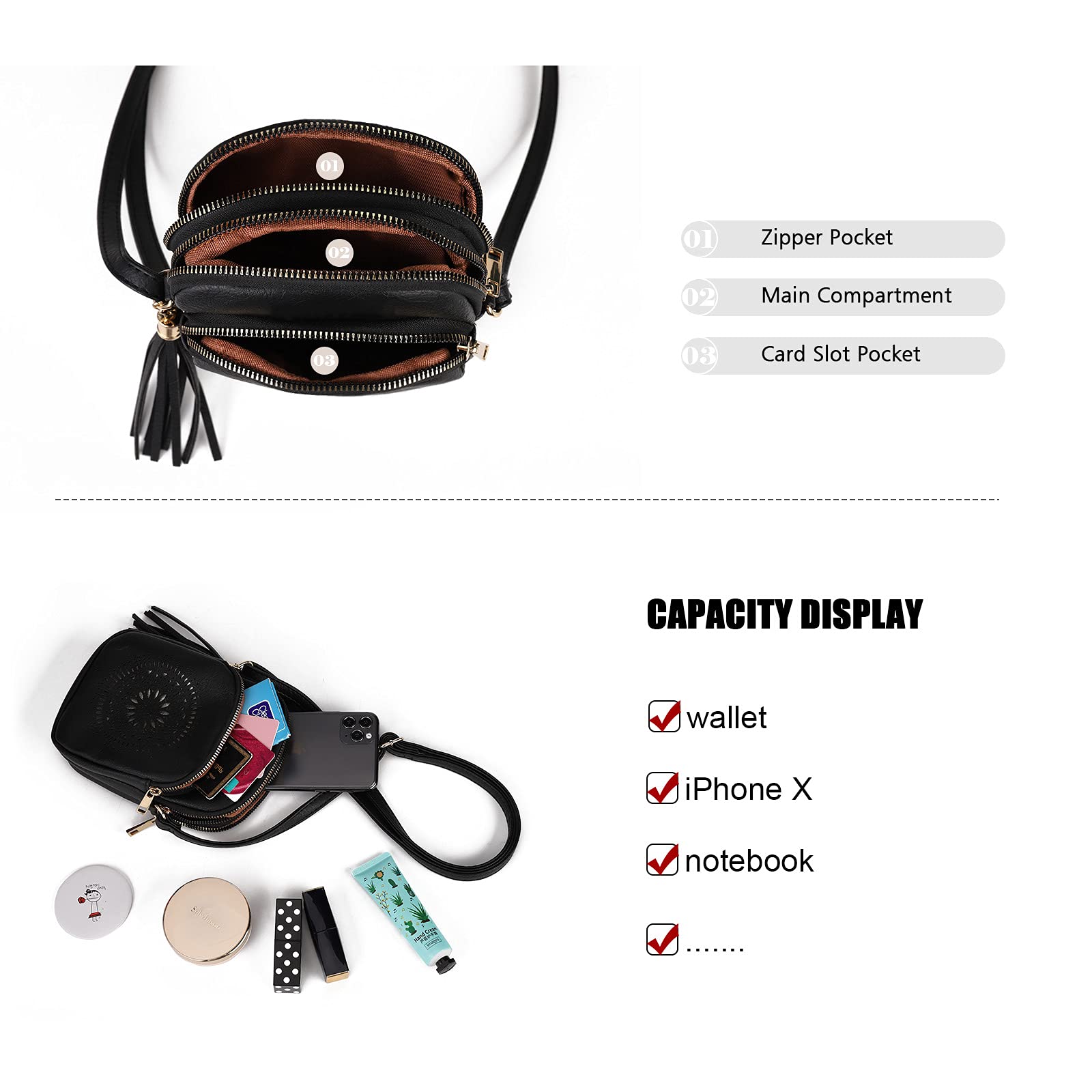 GLITZALL Borsa a tracolla, piccola borsa a tracolla con tasche multiple, borsa a tracolla con nappa, scavata, borse per cellulare da donna, alla moda, Nero