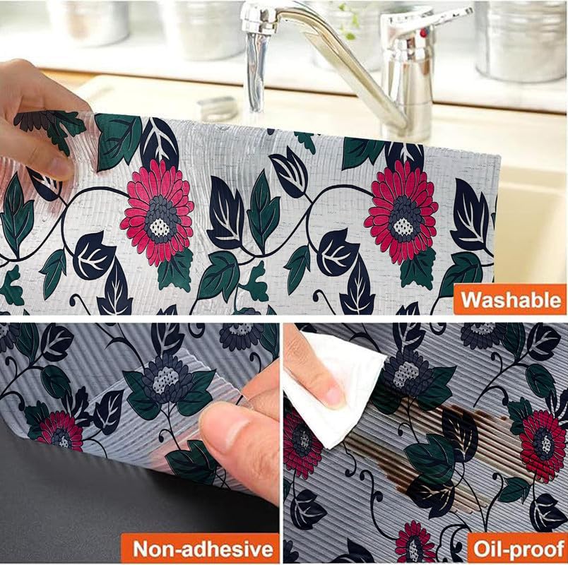 Image of Anti-Slip Kitchen Shelf Liner - 5 Meter Roll, Waterproof Multipurpose Mat for Fridge, Cabinet, Drawer, Trolley & Bathroom - Easy to Cut Floral Blue Print (White)