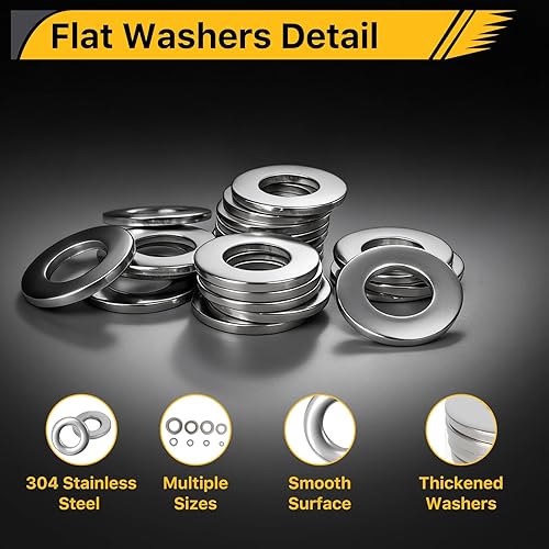 Miniatura 4 de Nuepuxo Juego surtido de 600 arandelas planas de acero inoxidable 304, 7 tamaños (M3 M4 M5 M6 M8 M10 M12) arandelas planas para tornillos, pernos,