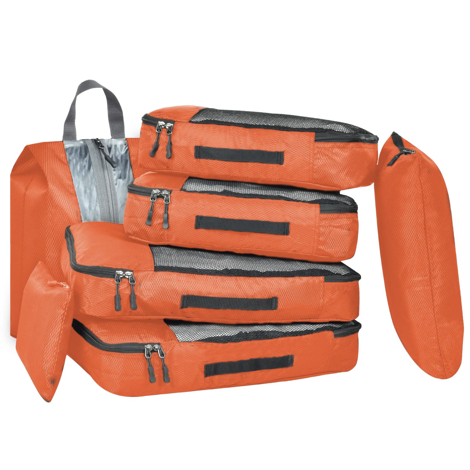 Polyester Packing Cubes Travel Bag Organiser Set Of 7 (2L, 2M, Shoe Pouch, Laundry Bag And Pouch) - Orange-image-24