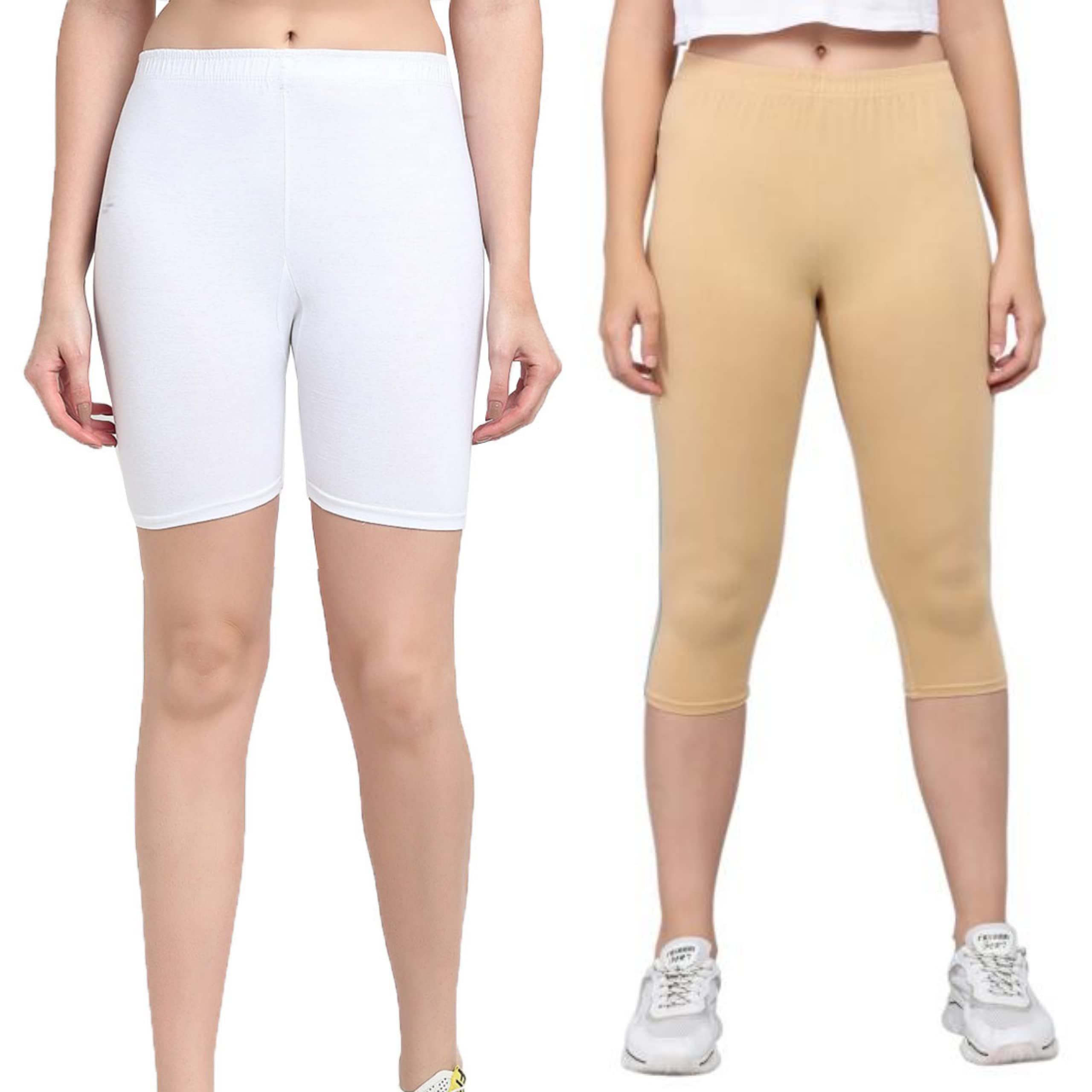 Women's Cotton Calf-Length-Capri and Cycling Shorts for Gym Wear/Sports Wear Pants | Comfortable & Breathable Fabric | Beige(C)/White(S) | 36-image-47