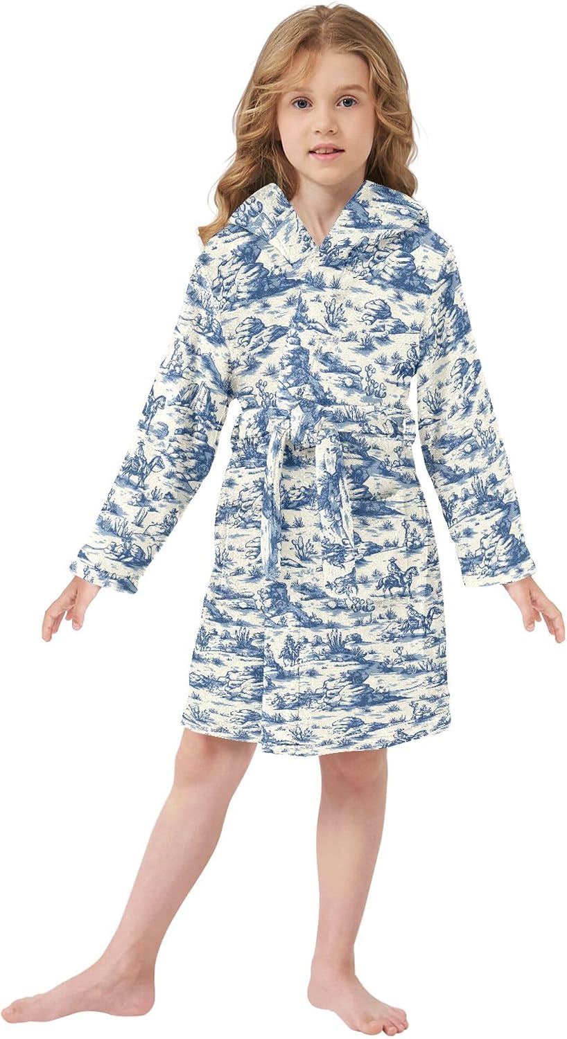 Vintage Cowboys Horses Cactus Blue Pattern Bathrobe Hooded PJ Robe Soft Fleece Robe Sleepwear 2-12 Years