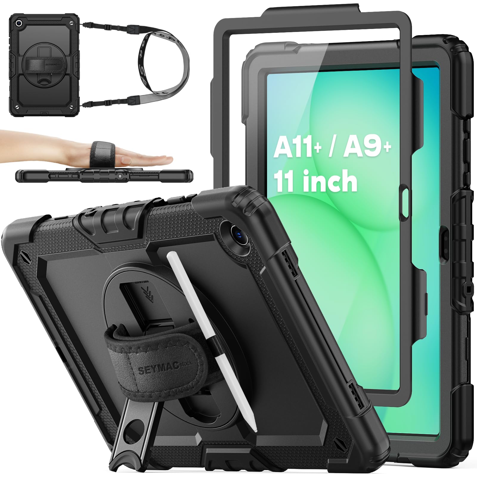 SEYMAC stock Hülle für Samsung Galaxy Tab A11+ Plus/A9+ Plus 11 Zoll 2025/2023, Stoßfeste Hülle mit Displayschutz, 360° Drehbarer Ständer/Handschlaufe, Stifthalter & Schultergurt, Schwarz