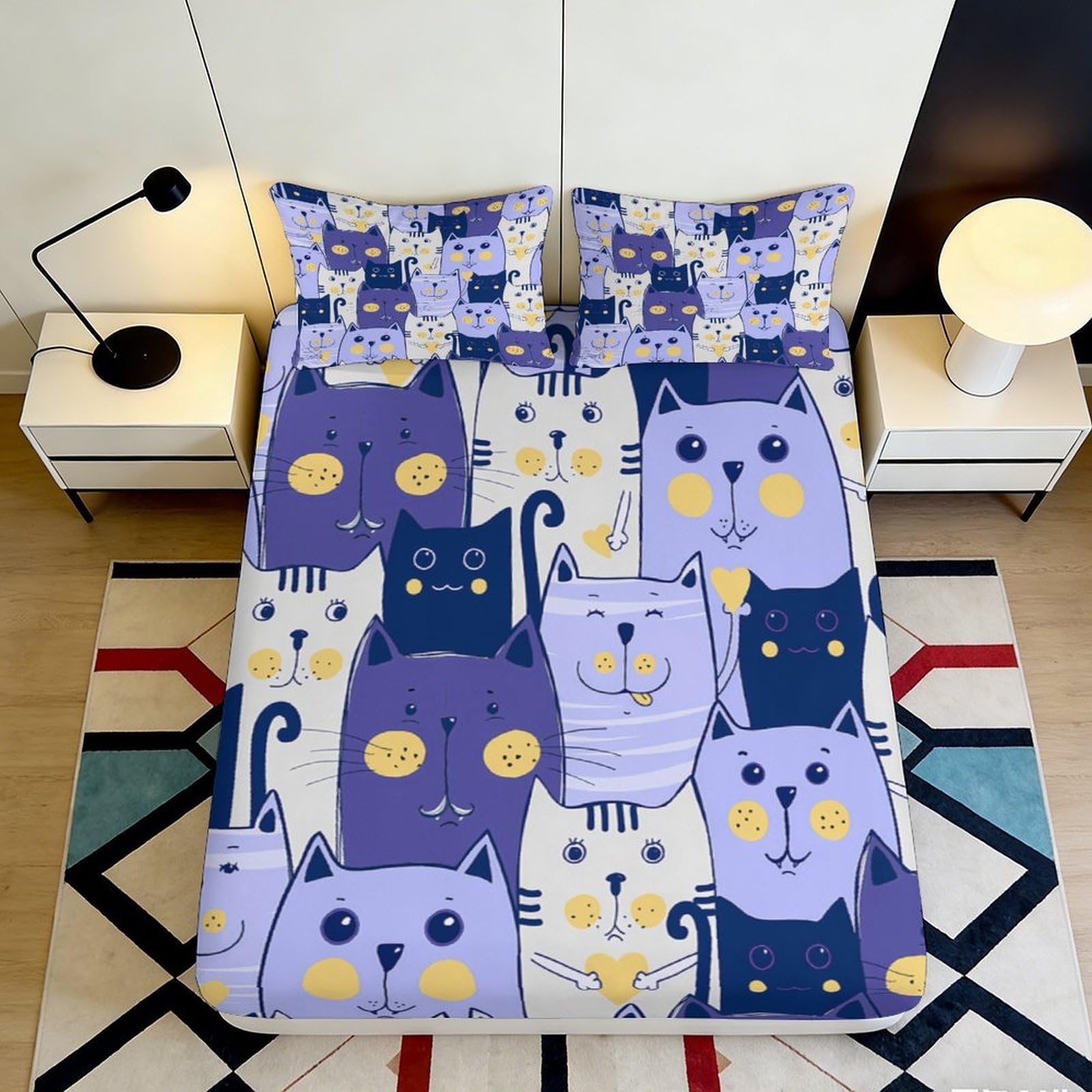 Jqzkxnhpbr Style-2 3D Printed Cartoon Cat Fitted Sheet Microfiber Purple Yellow Animal Bed Cover For Bedroom Guest Room Dorm Decor 90X200x25cm
