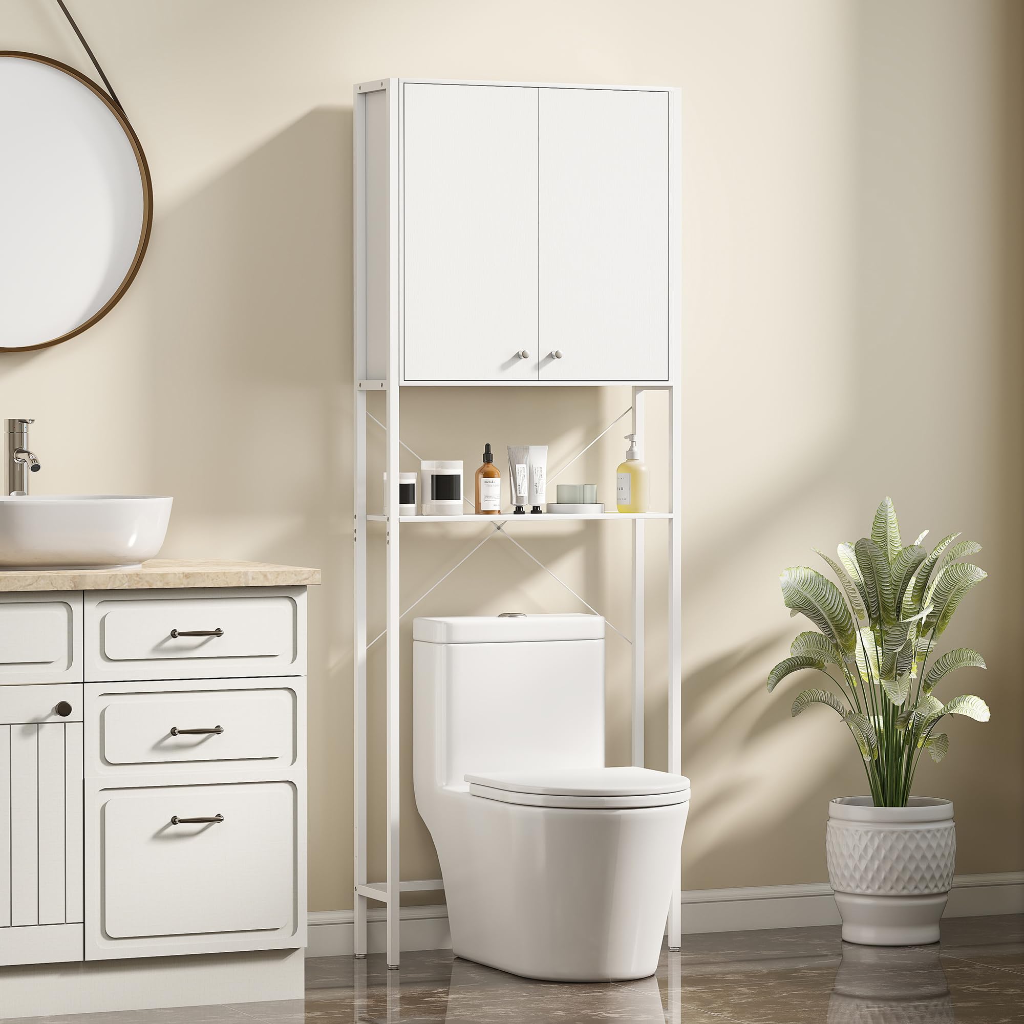 HOMCOM Meuble de salle de bain au-dessus de WC avec armoire 64 x 20 x 180 cm Blanc | Étagère ouverte, meuble au-dessus de la machine à laver peu encombrant, pieds en métal, pour salle de bain et buanderie