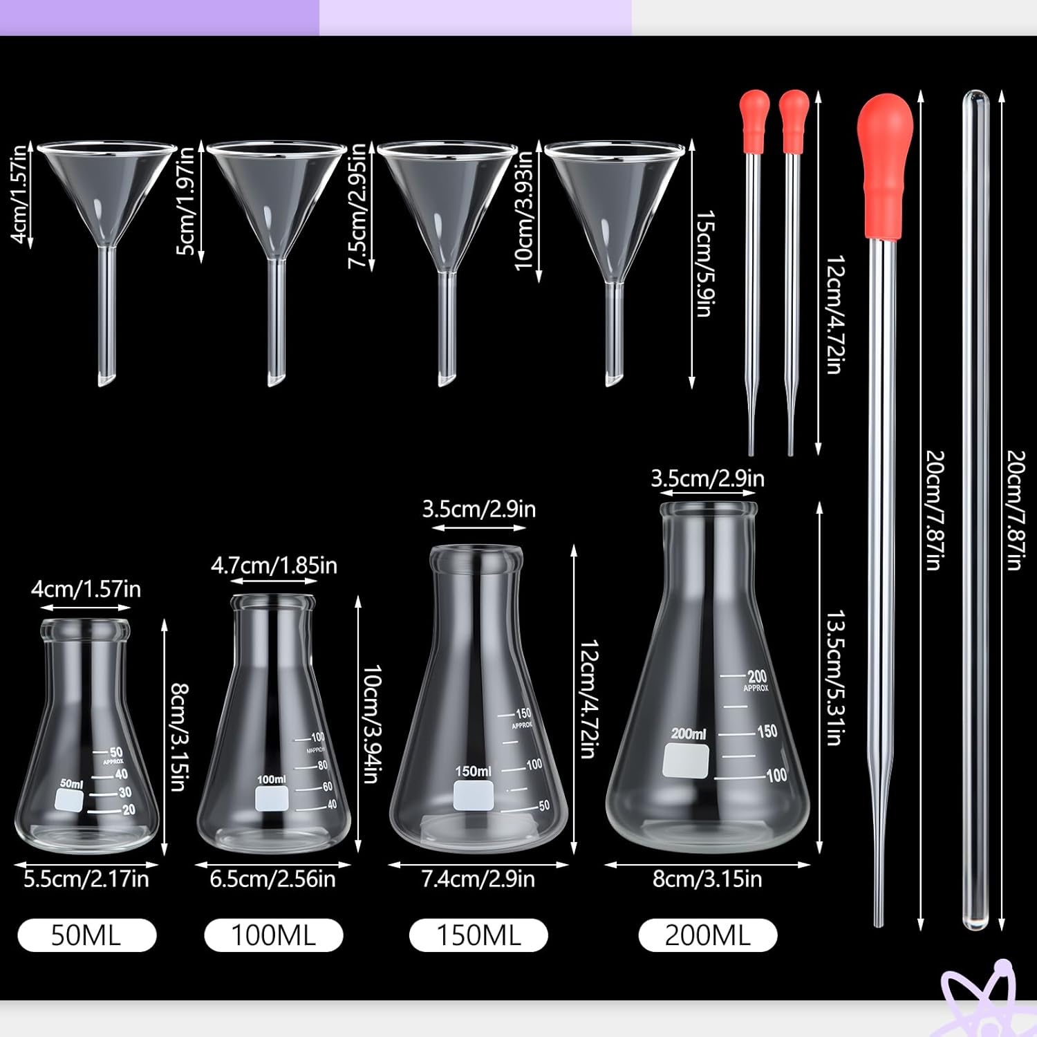 34 Pcs 50/100/250/500/1000ml Chemistry Lab Glassware Set Include Graduated Cylinder Glass Beaker Funnels Dropper Stirring Rod Laboratory Sampling Spoon Mixing Spatula for Laboratory Chemistry Supplies