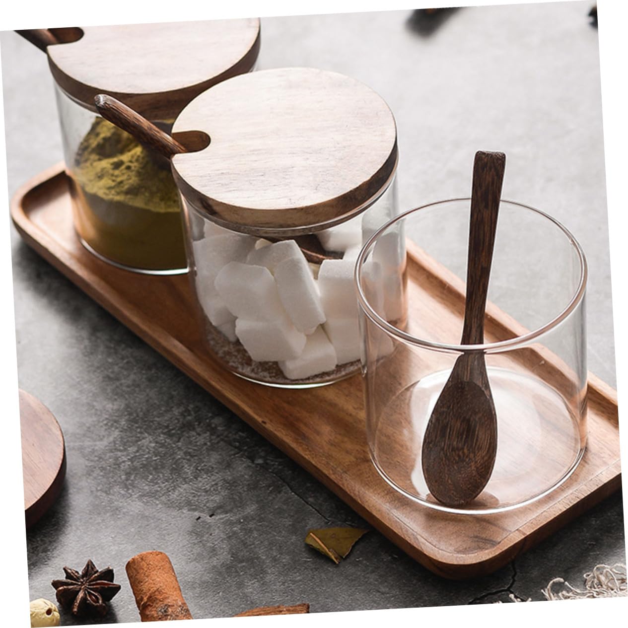 SHINEOFI Glas Gewürzglas mit Holzdeckel Löffel und Tablett Klare Aufbewahrungsgläser für Küche Multifunktionale Gewürzdosen für Salz Zucker und Gewürze Stilvolles Küchenzubehör