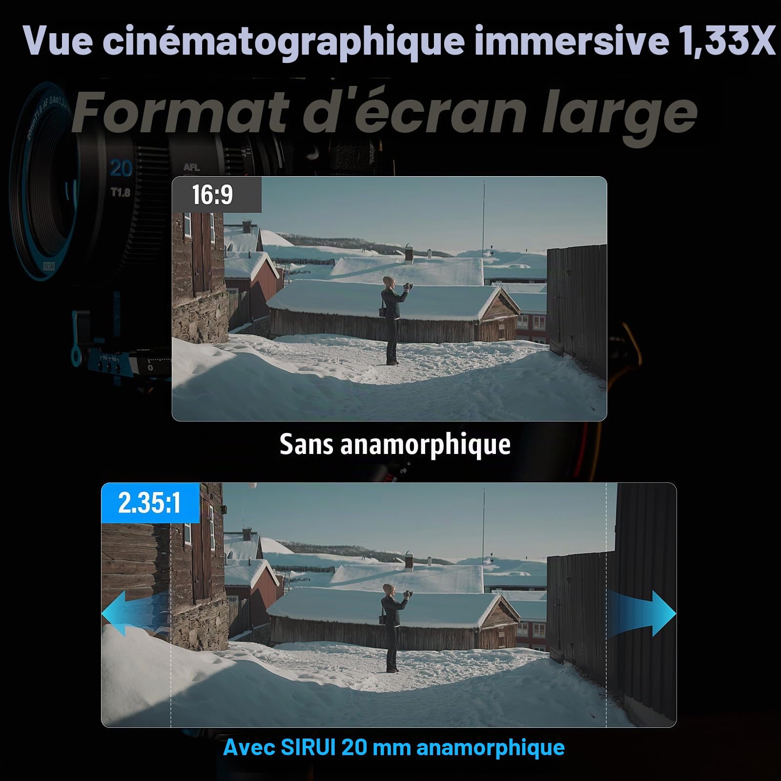 SIRUI 20mm T1.8 1.33X Objectif Anamorphique AF APS-C/S35 Grand Angle Focale Fixe pour Monture E