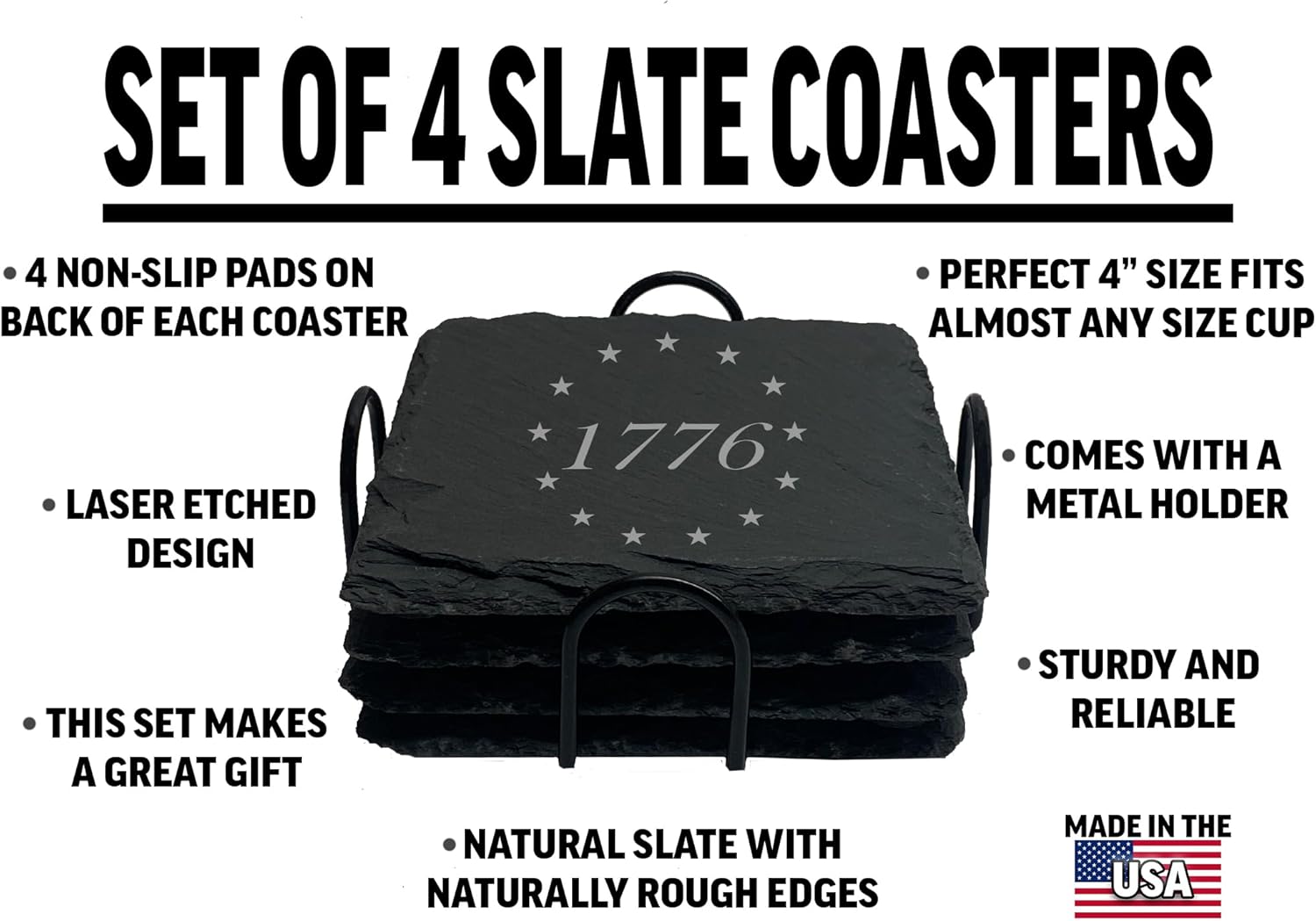 Rogue River Tactical Slate Coaster 4 Pack Gift Set Patriotic Betsy Ross 1776 USA Flag Drink Coaster Set Gift United States Bar Kitchen Home Stone Coasters - Image 2